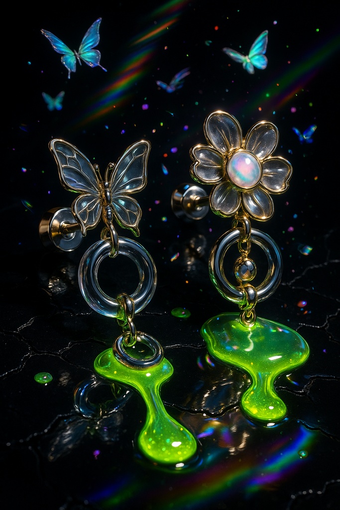 ネオン蝶とガラス細工の幻想アイテム30点壁紙セット – 闇ポップ毒菓子の遺産