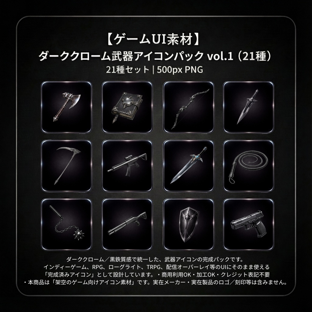 【ゲームUI素材】ダーククローム武器アイコンパック vol.1（21種）｜500px PNG