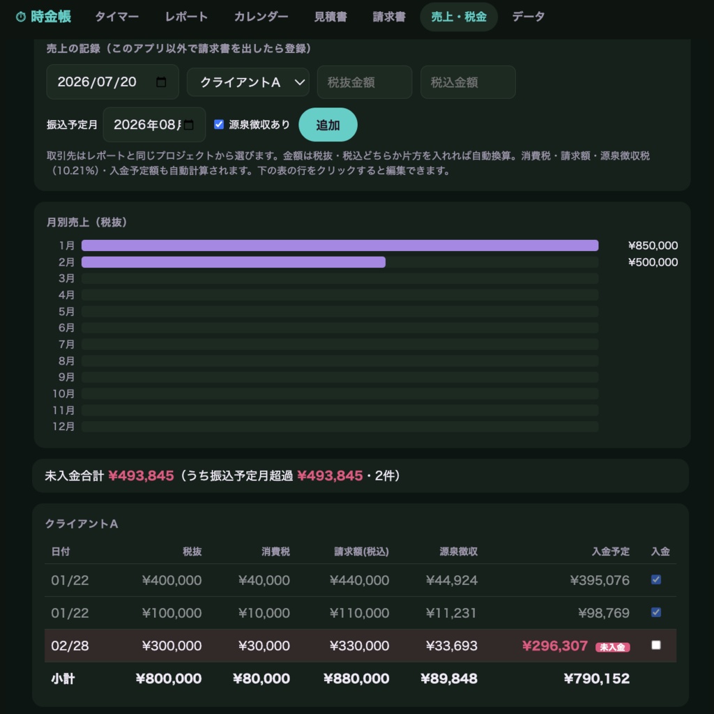 時金帳(ときかねちょう)|フリーランスの時間・見積書・請求書・入金管理(買い切り・HTML1ファイル)