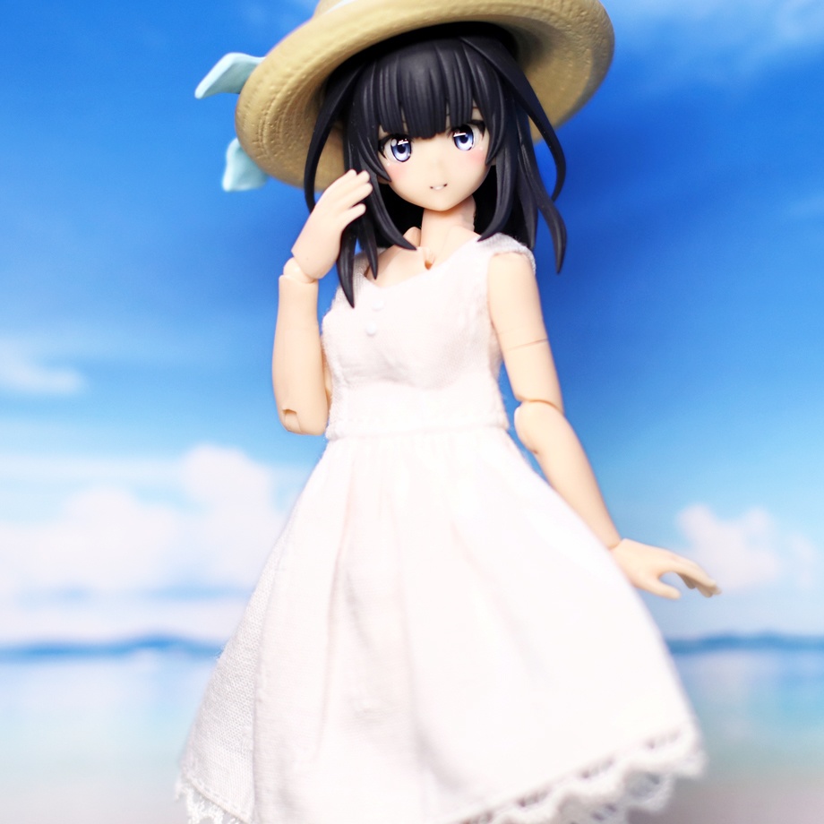 *ワンピース{白}*生地A(ノースリーブミドル丈*Vネック 裾レース)