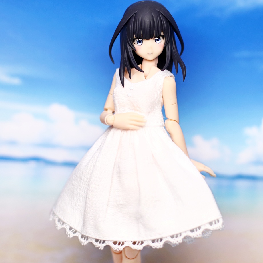 *ワンピース{白}*生地A(ノースリーブミドル丈*Vネック 裾レース)