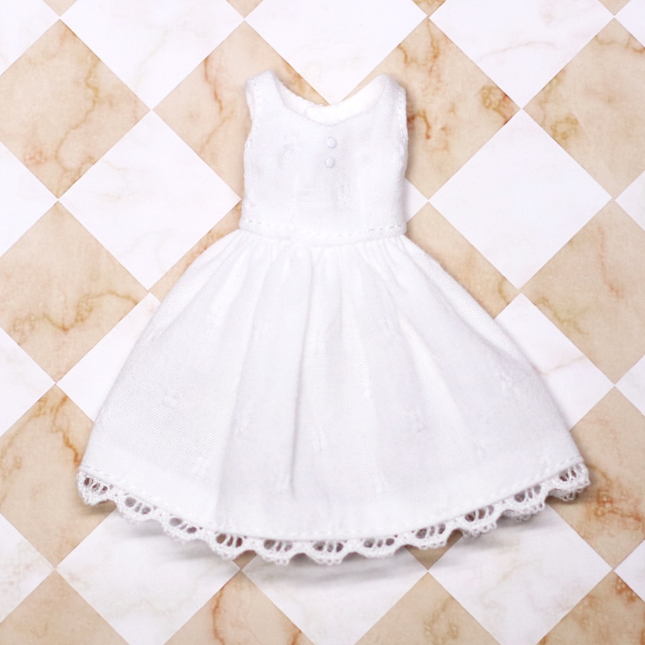 *ワンピース{白}*生地A(ノースリーブミドル丈*Vネック 裾レース)