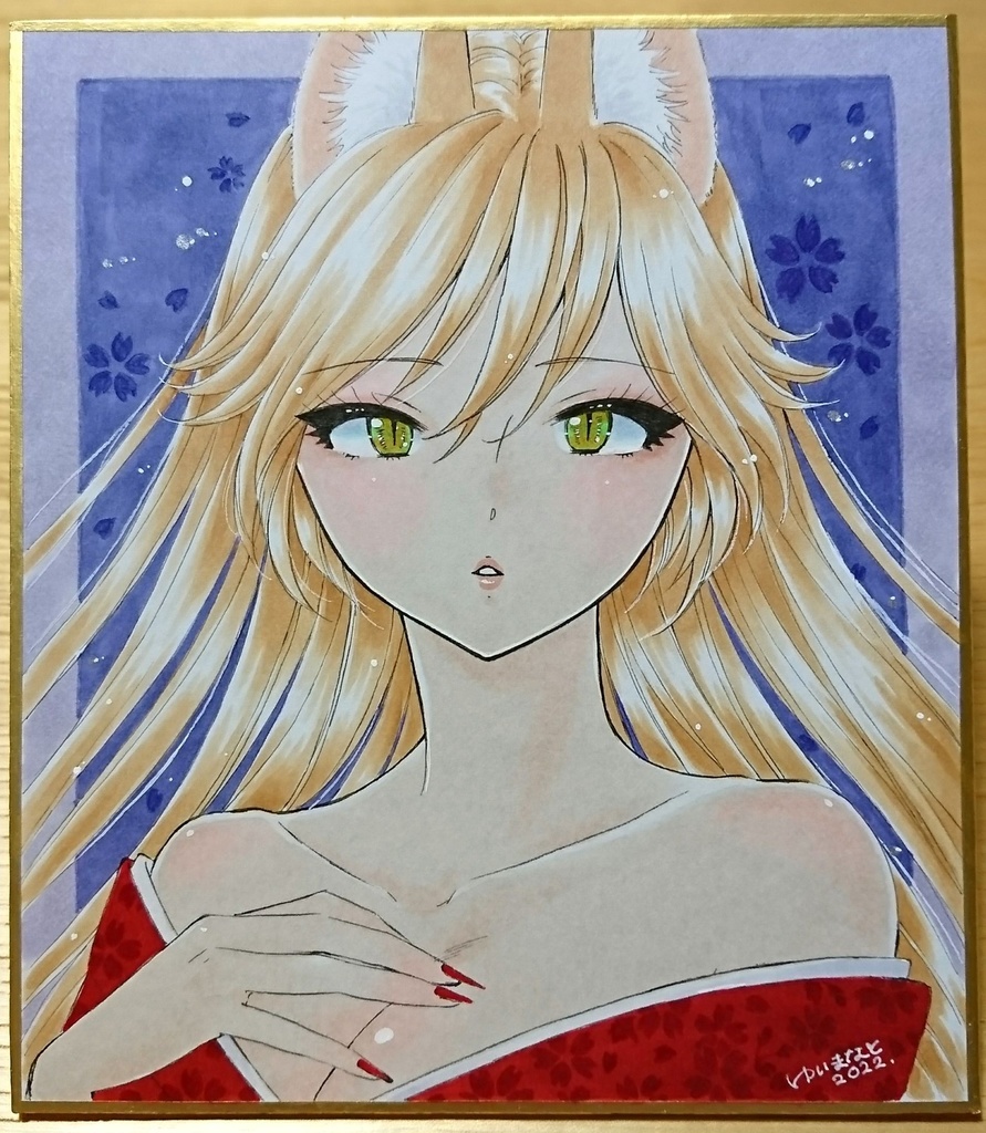 ミニ色紙原画【きつねのおねーさん】