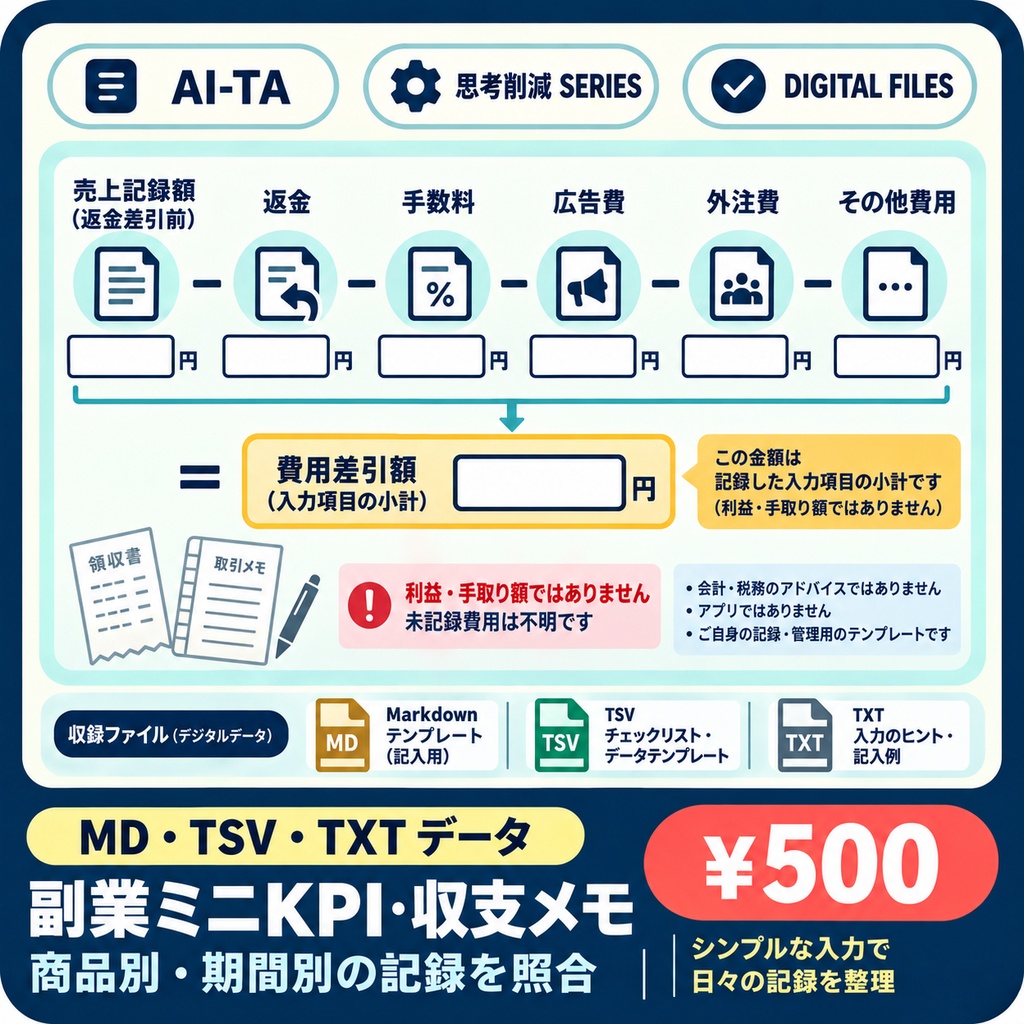 副業ミニKPI・収支メモキット｜売上と費用差引額を商品別に確認