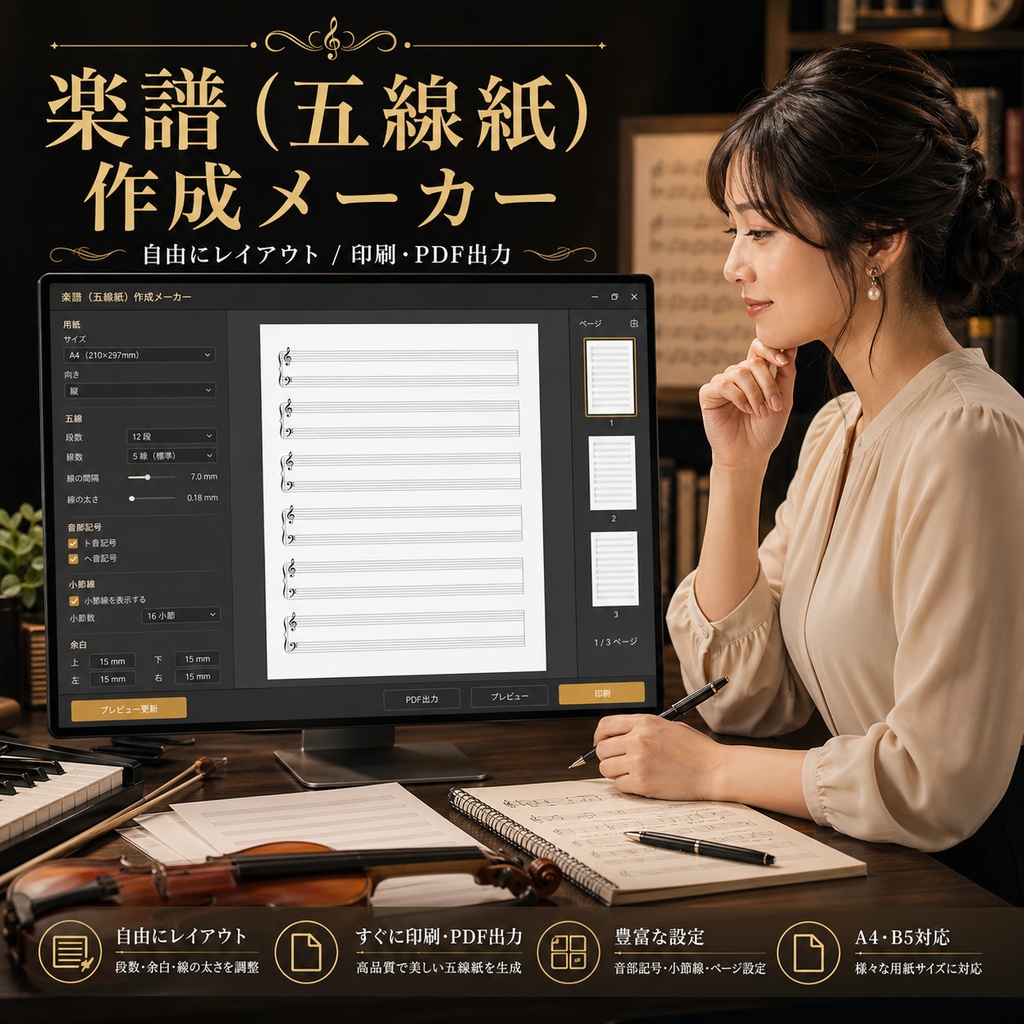 選ぶだけで美しい五線紙が完成!すべての音楽愛好家と指導者のための楽譜作製メーカー