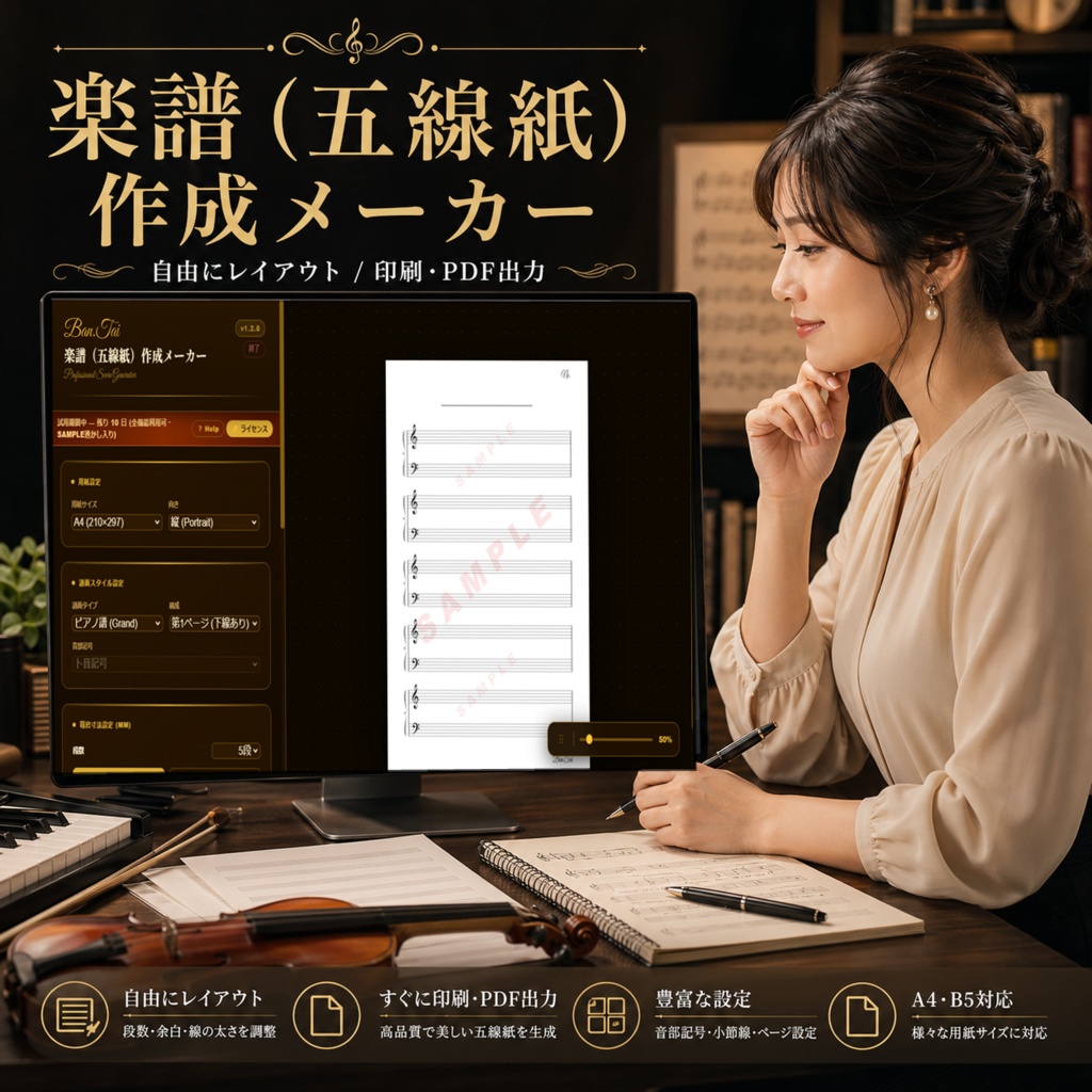 [10日間無料試用] 選ぶだけで美しい五線紙が完成！すべての音楽愛好家と指導者のための楽譜作製メーカー