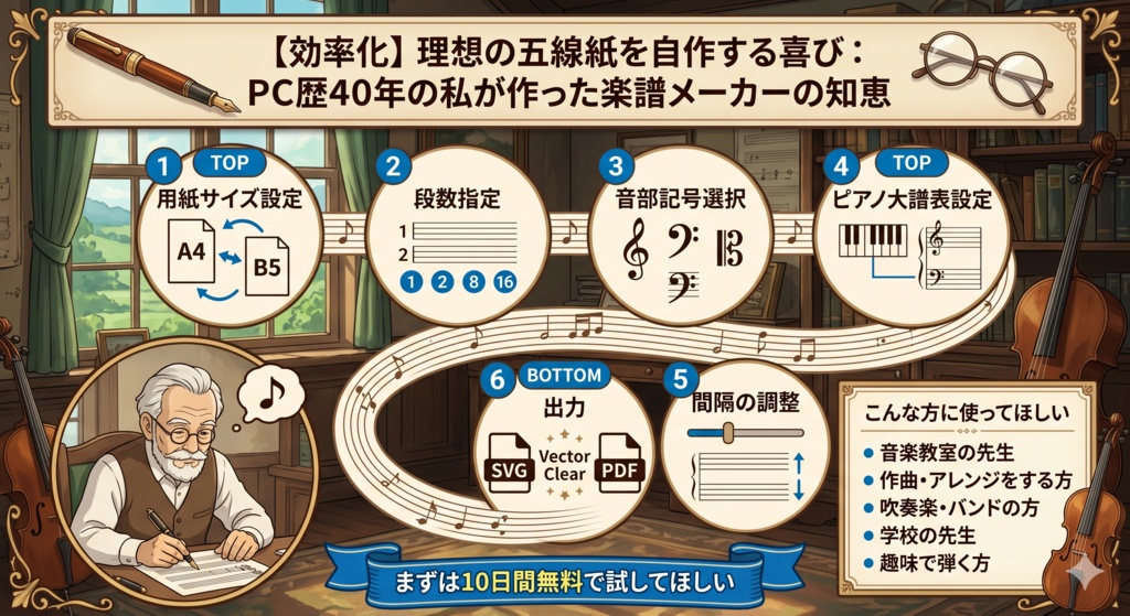 選ぶだけで美しい五線紙が完成!すべての音楽愛好家と指導者のための楽譜作製メーカー
