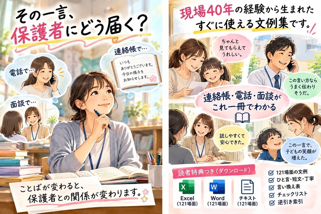 【無料お試し版】保護者に届く文例集 連絡帳のひと言返事68例+場面別文例10場面
