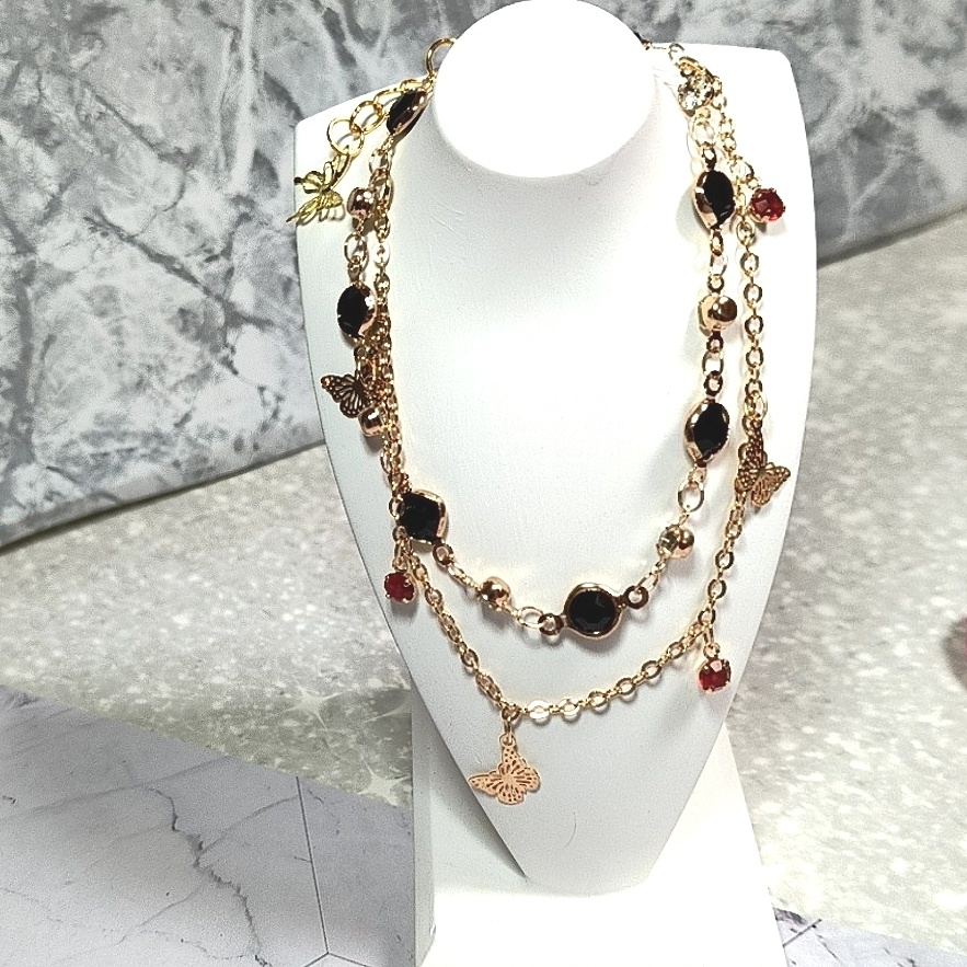 2点セット 鬼滅の刃 童磨対胡蝶しのぶイメージ 深紅の雫と黒薔薇の蝶 2連レイヤード・ゴシックブレスレット&ピアス