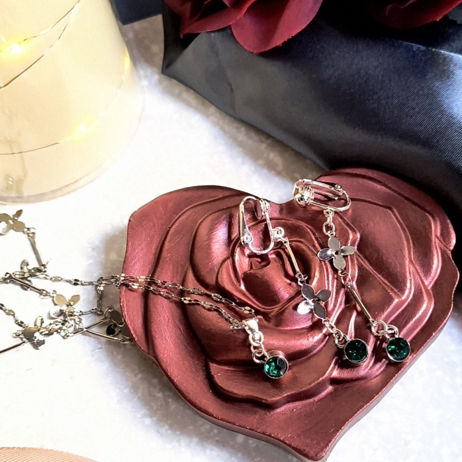 エメラルドと薔薇のアンティーク風2連ネックレス&イヤリング3点セット/海王みちる・ネプチューン風