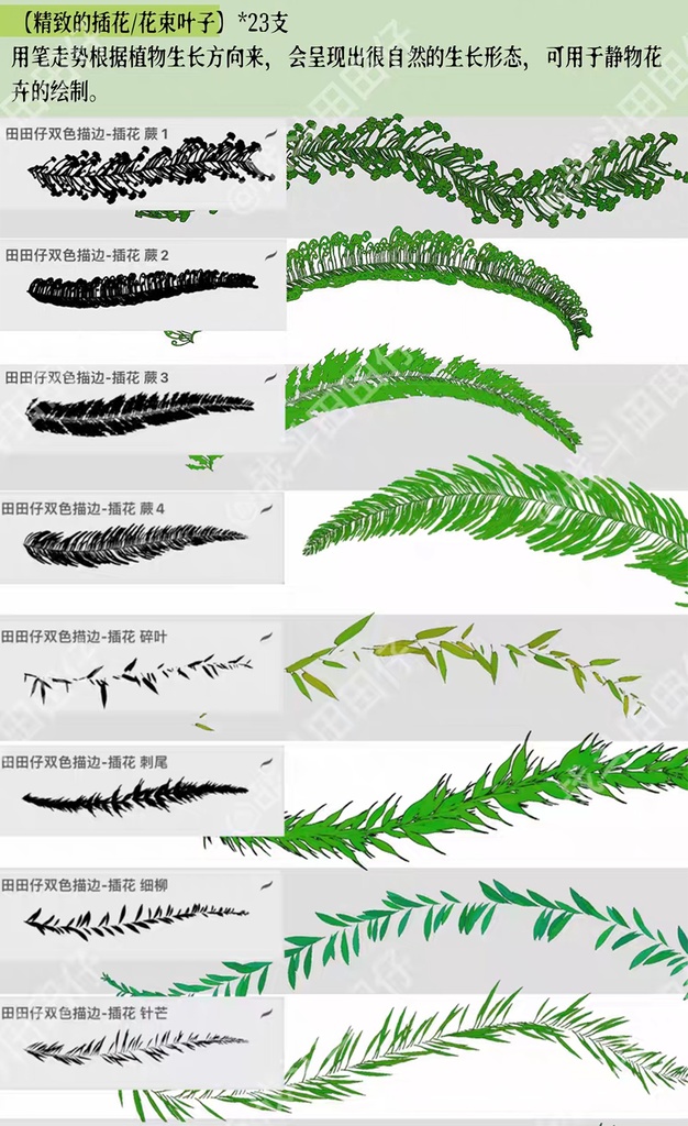 Procreateの輪郭線のある葉 混合色ブラシ 56本
