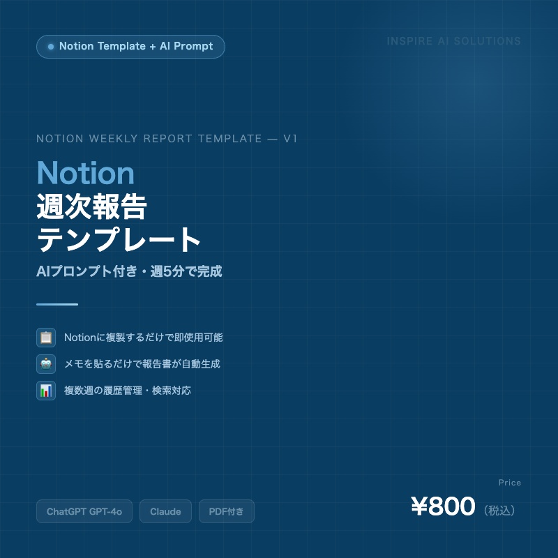 【コピペ即使用】Notion週次業務報告テンプレート|AIプロンプト付き・週5分で完成|ChatGPT/Claude対応