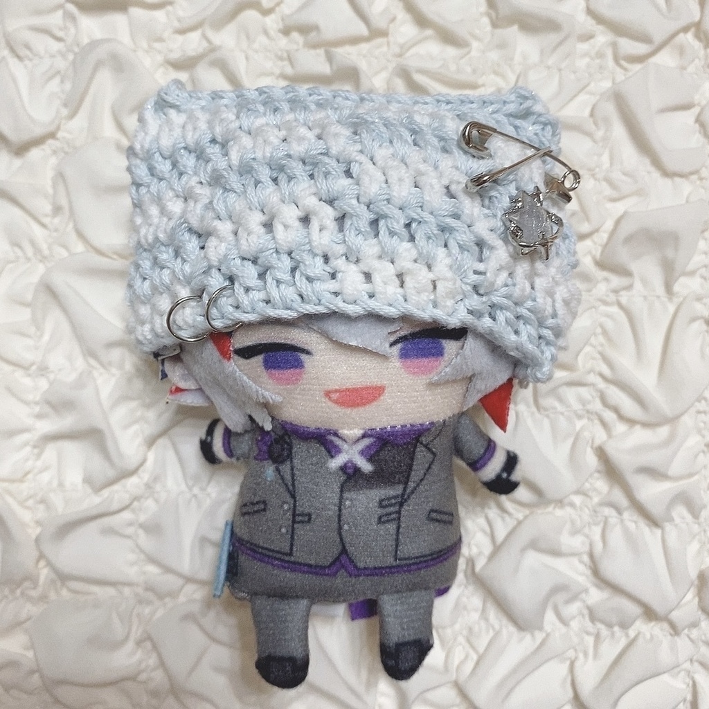 ［水色白ブロックチェック］にじぱぺっと　ぬい服　ぬい帽子 猫耳 ニット帽 編み物 10cmぬいぐるみ