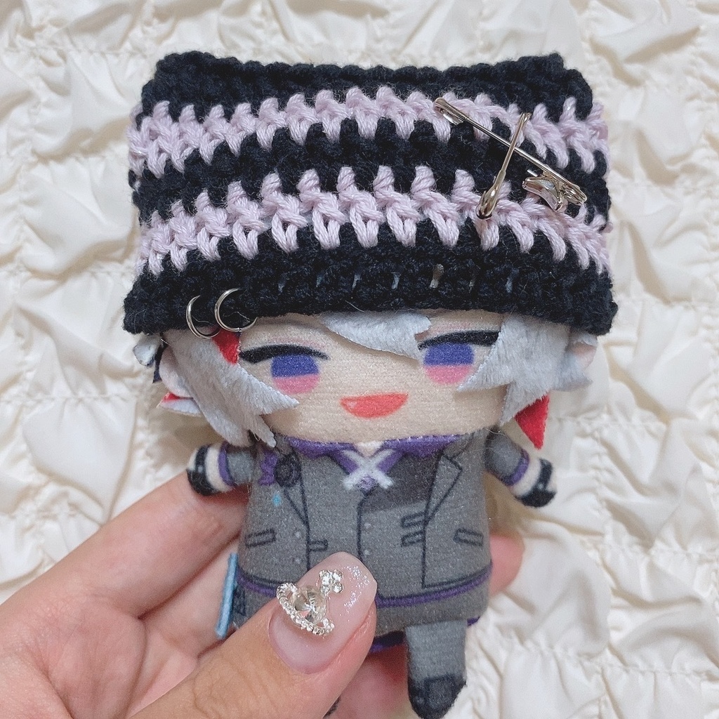 ［黒×薄紫］にじぱぺっと ぬい服 ぬい帽子 ネコ耳 ニット帽 編み物 10cmぬいぐるみ