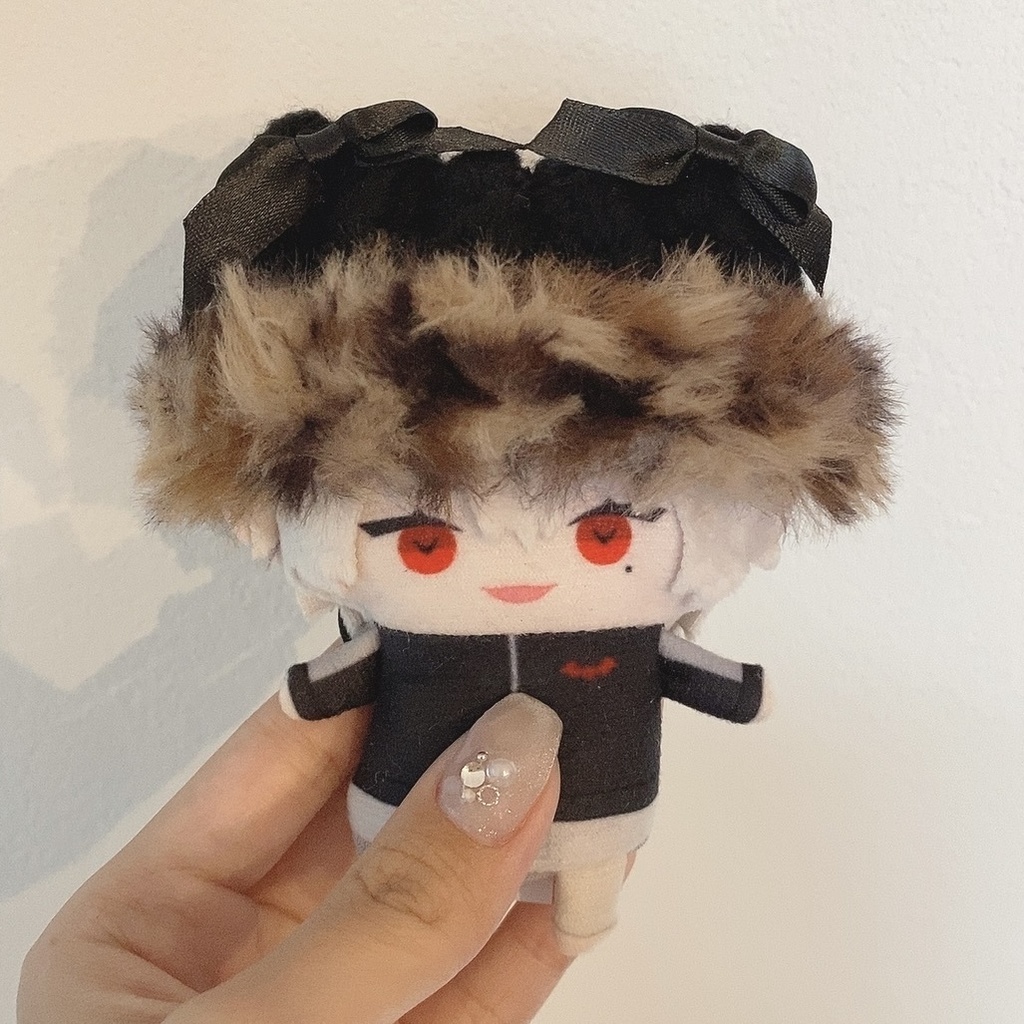 【黒×ヒョウ柄ファー】にじぱぺっと ぬい帽子 ぬい服 ネコ耳 ニット帽 10cmぬい