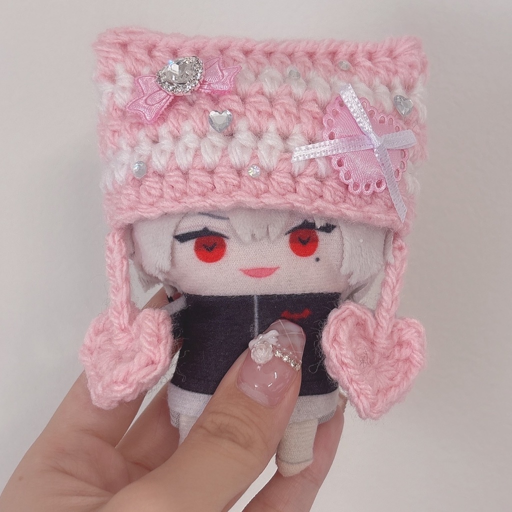 【ピンク白ハート】にじぱぺっと ぬい帽子 ぬい服 ネコ耳 ニット帽 10cmぬい