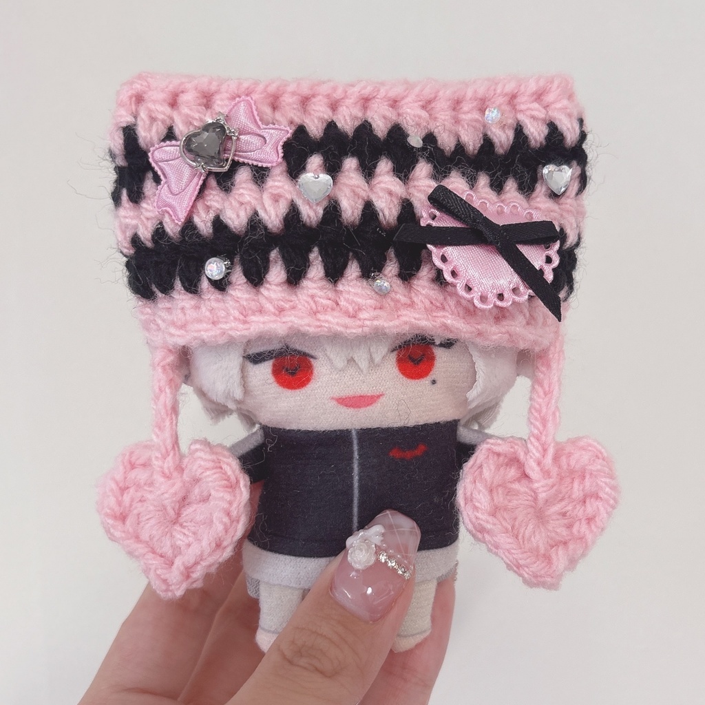 【ピンク黒ハート】にじぱぺっと ぬい帽子 ぬい服 ネコ耳 ニット帽 10cmぬい