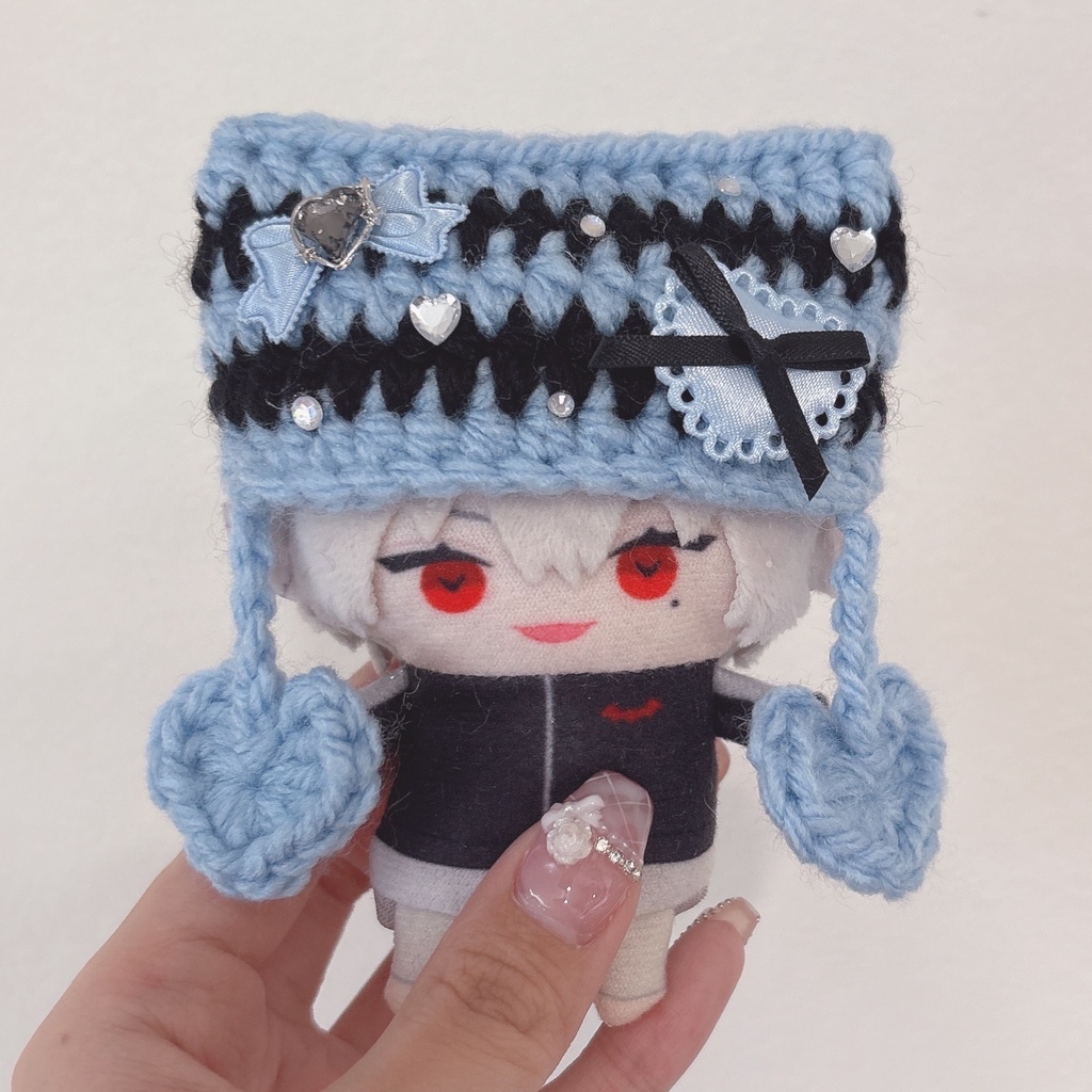 【水色黒ハート】にじぱぺっと ぬい帽子 ぬい服 ネコ耳 ニット帽 10cmぬい