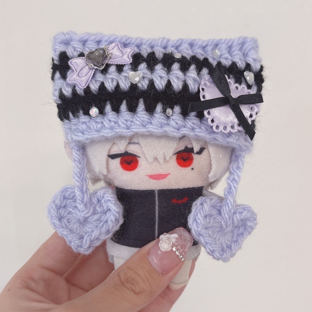 【紫黒ハート】にじぱぺっと ぬい帽子 ぬい服 ネコ耳 ニット帽 10cmぬい