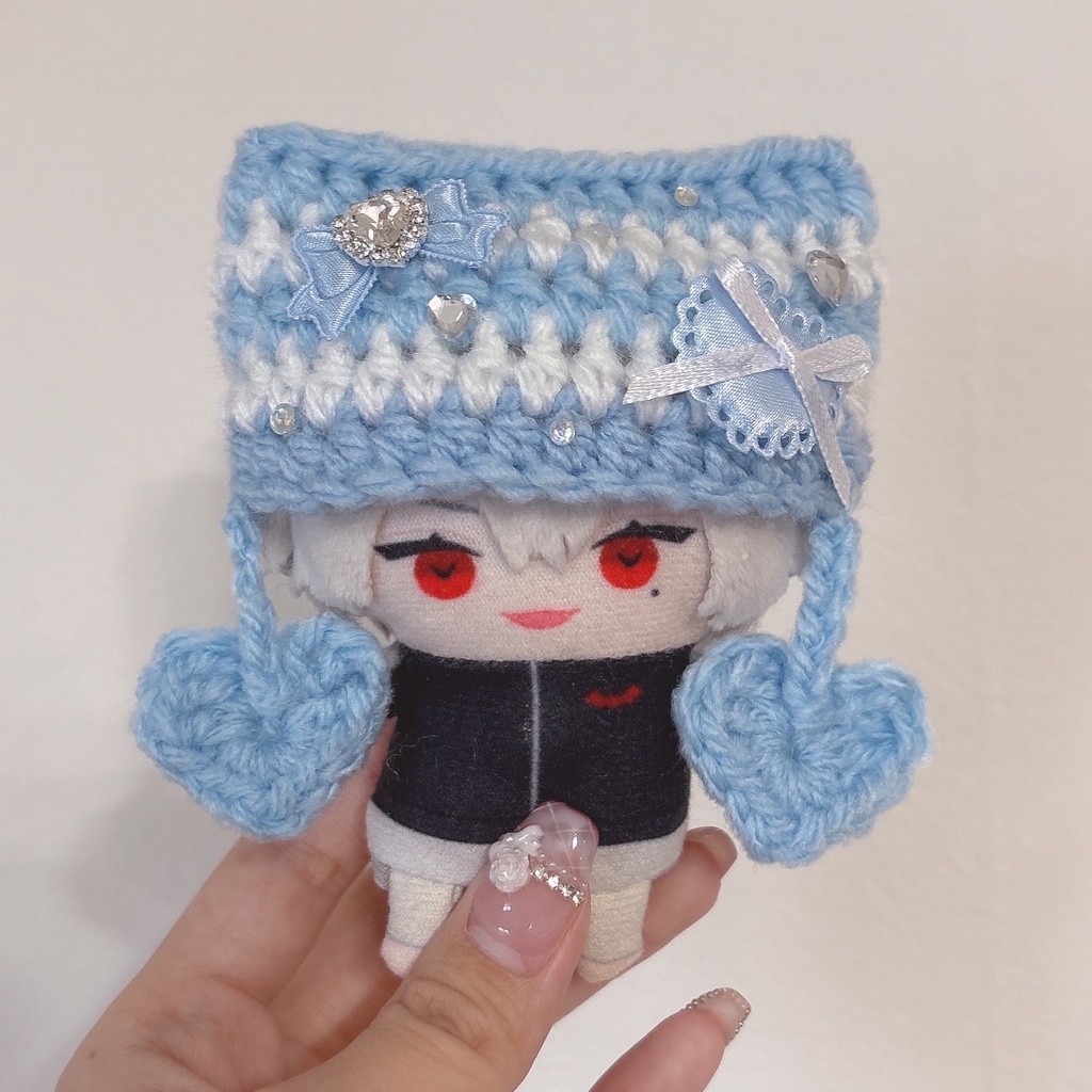 【水色白ハート】にじぱぺっと ぬい帽子 ぬい服 ネコ耳 ニット帽 10cmぬい