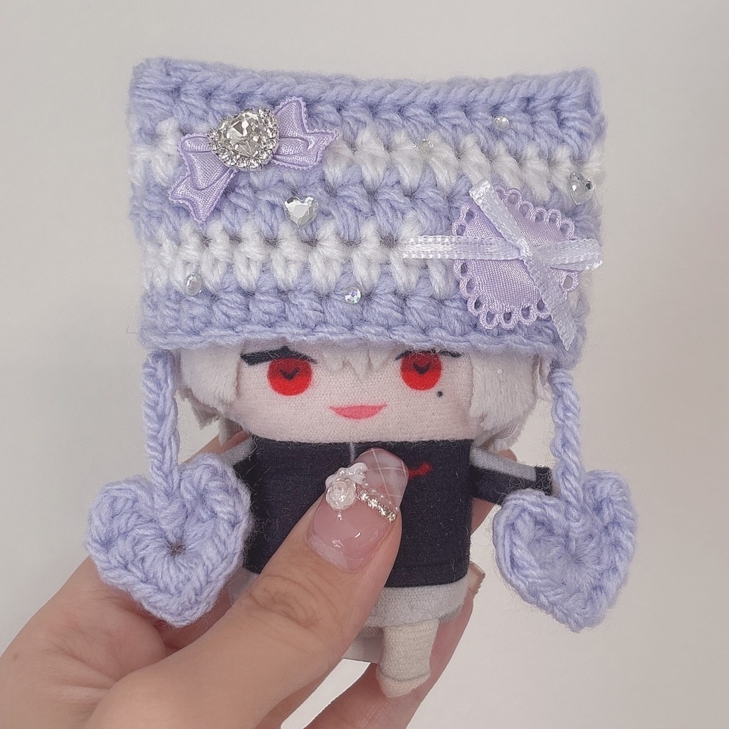 【紫白ハート】にじぱぺっと ぬい帽子 ぬい服 ネコ耳 ニット帽 10cmぬい