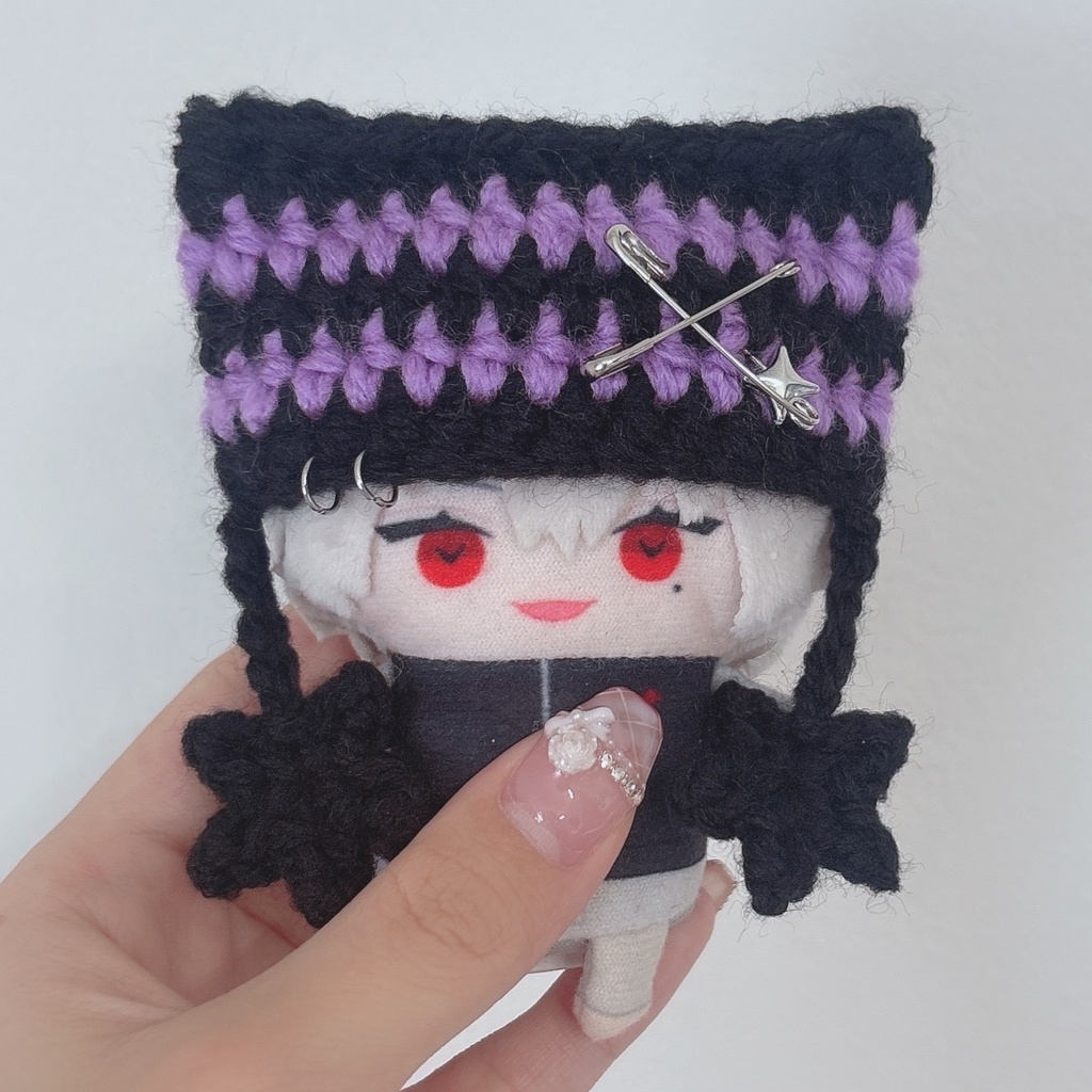 【黒×濃紫星】にじぱぺっと ぬい帽子 ぬい服 ネコ耳 ニット帽 10cmぬい
