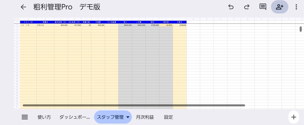 【粗利管理Pro】スタッフ別・月別の利益を自動集計|Googleスプレッドシート