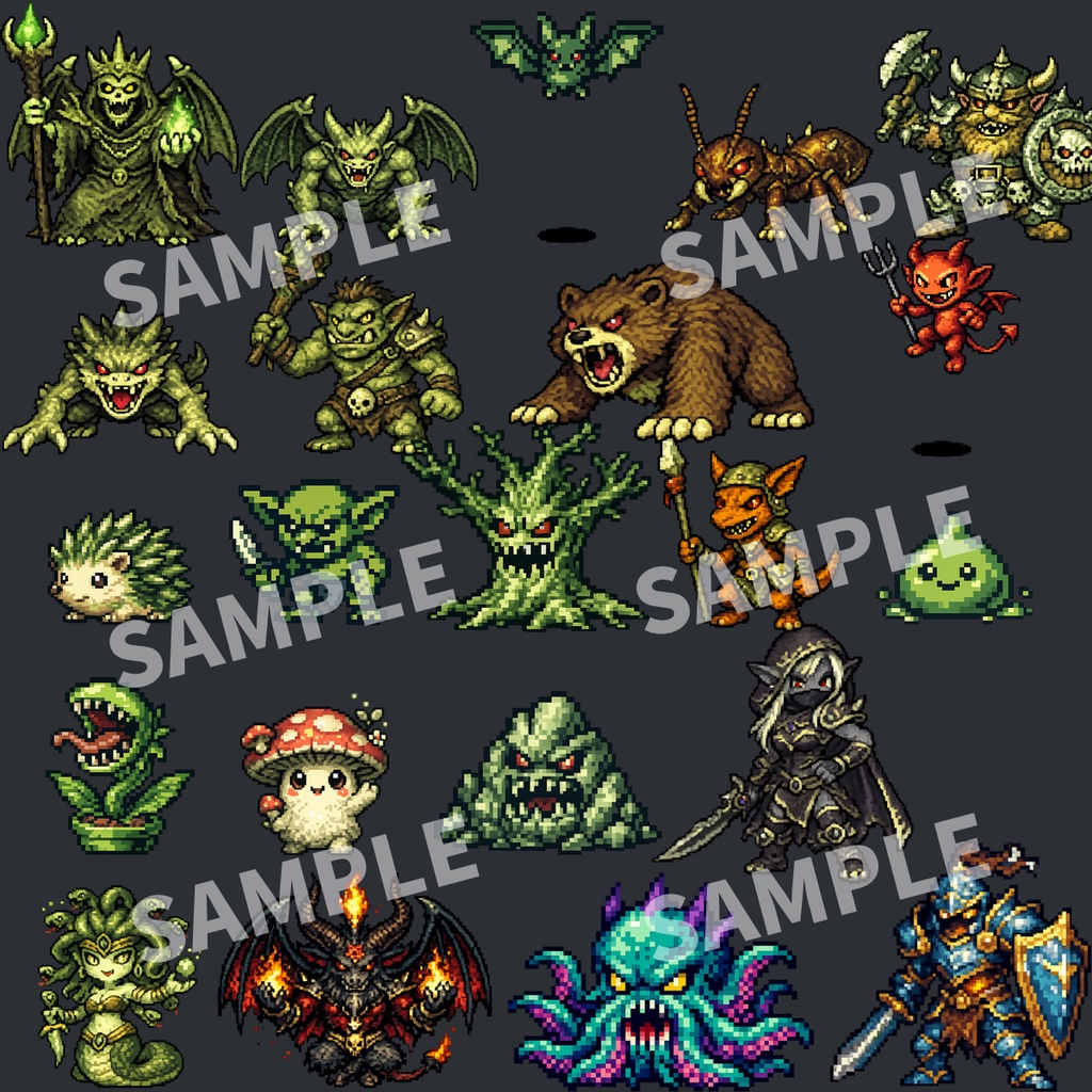 【背景透過】ドット絵モンスター素材集(32種+ボス5種)|商用利用可