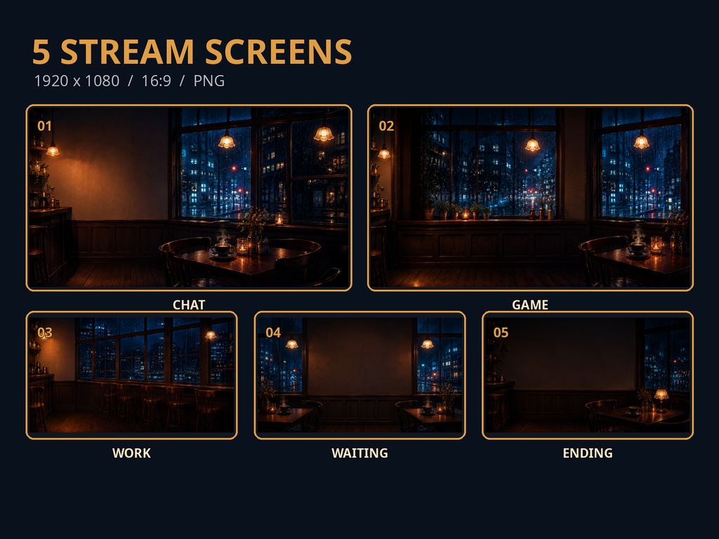 【配信画面・透過素材17点セット】雨夜の喫茶店|雑談・ゲーム・作業・待機画面