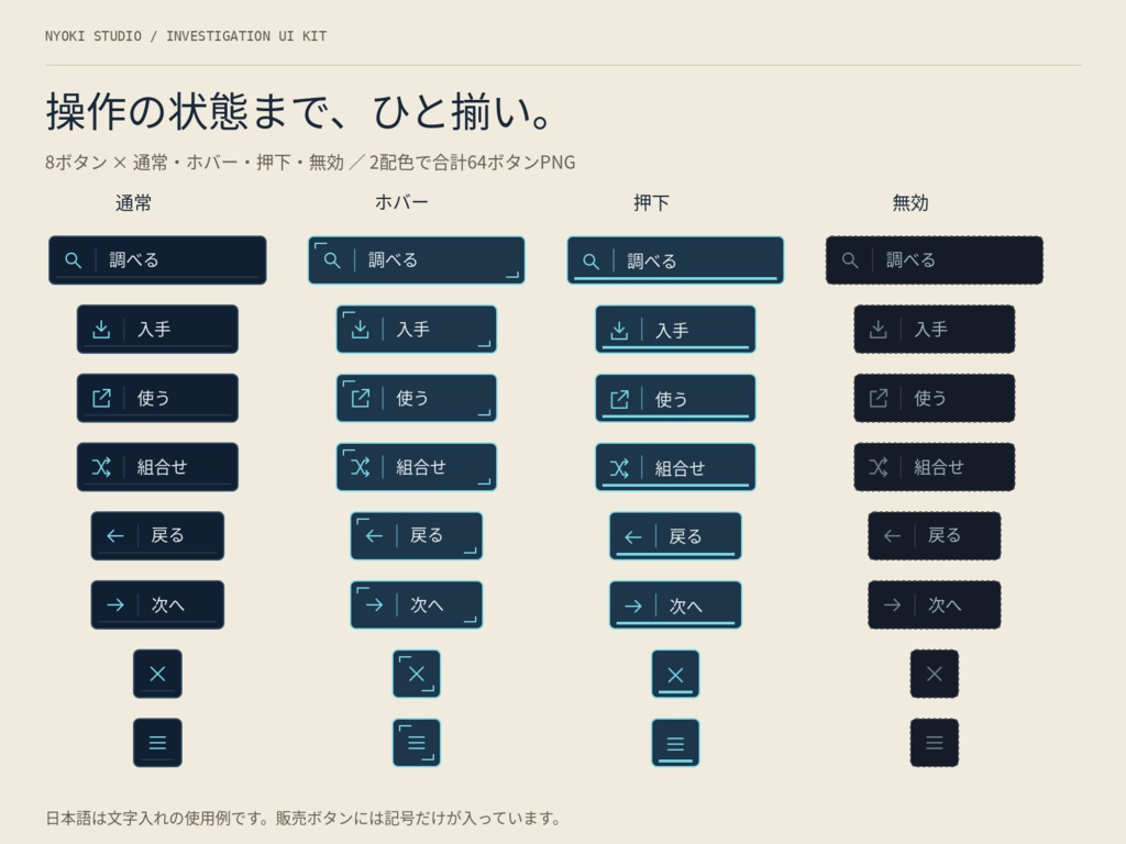 【無料版あり】調査・所持品UIキット|ノベル・探索ゲーム向け/32パーツ・2配色・PNG+SVG