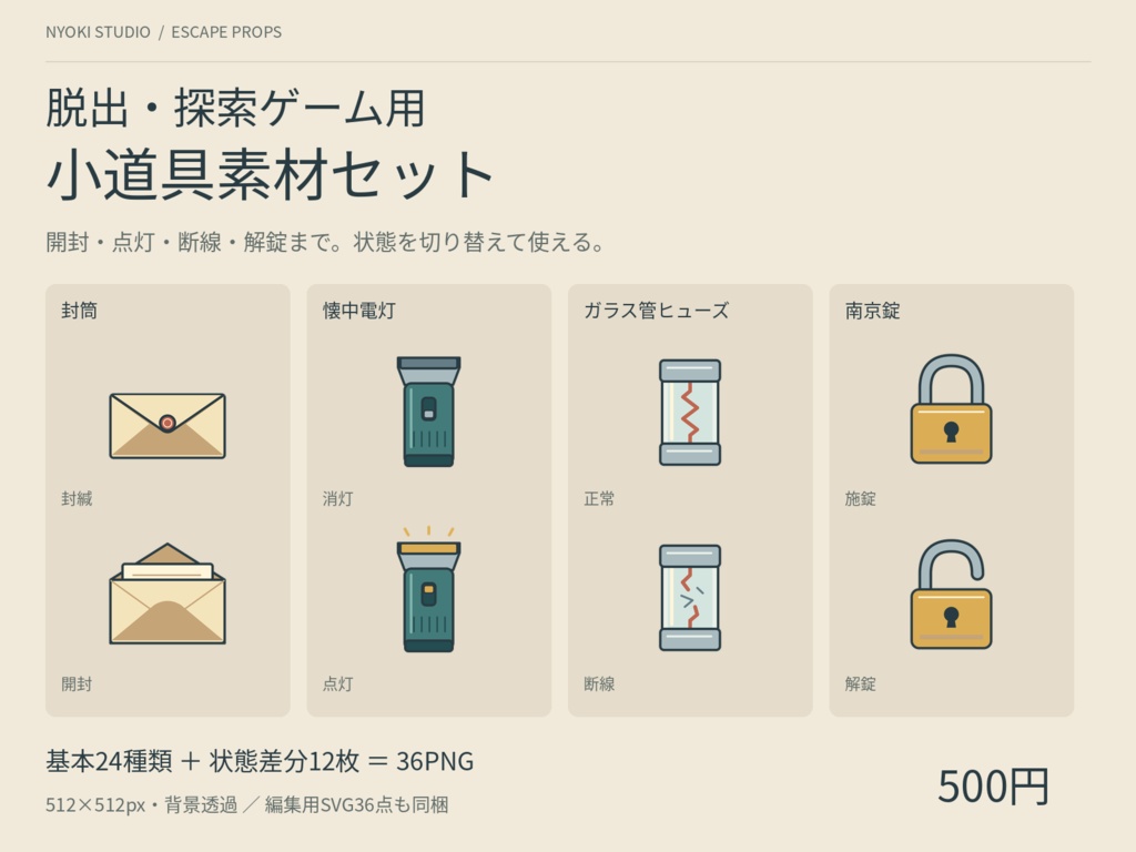 【無料版あり】脱出・探索ゲーム用 小道具素材24種｜状態差分付き36PNG＋SVG