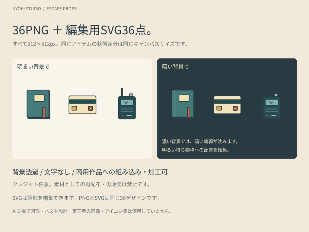 【無料版あり】脱出・探索ゲーム用 小道具素材24種|状態差分付き36PNG+SVG