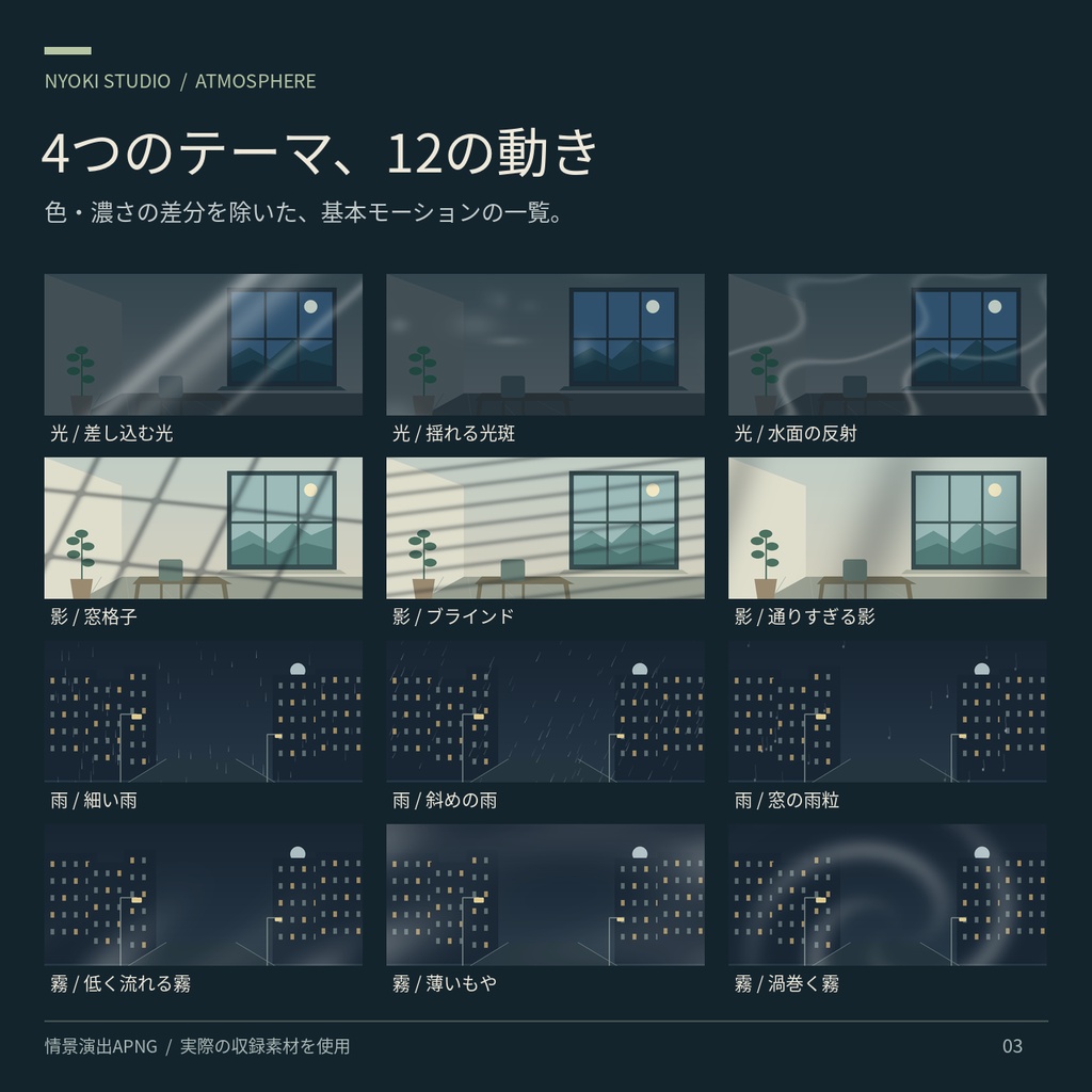 【無料お試しあり】光・影・雨・霧の情景演出APNG素材集|12モーション・48点