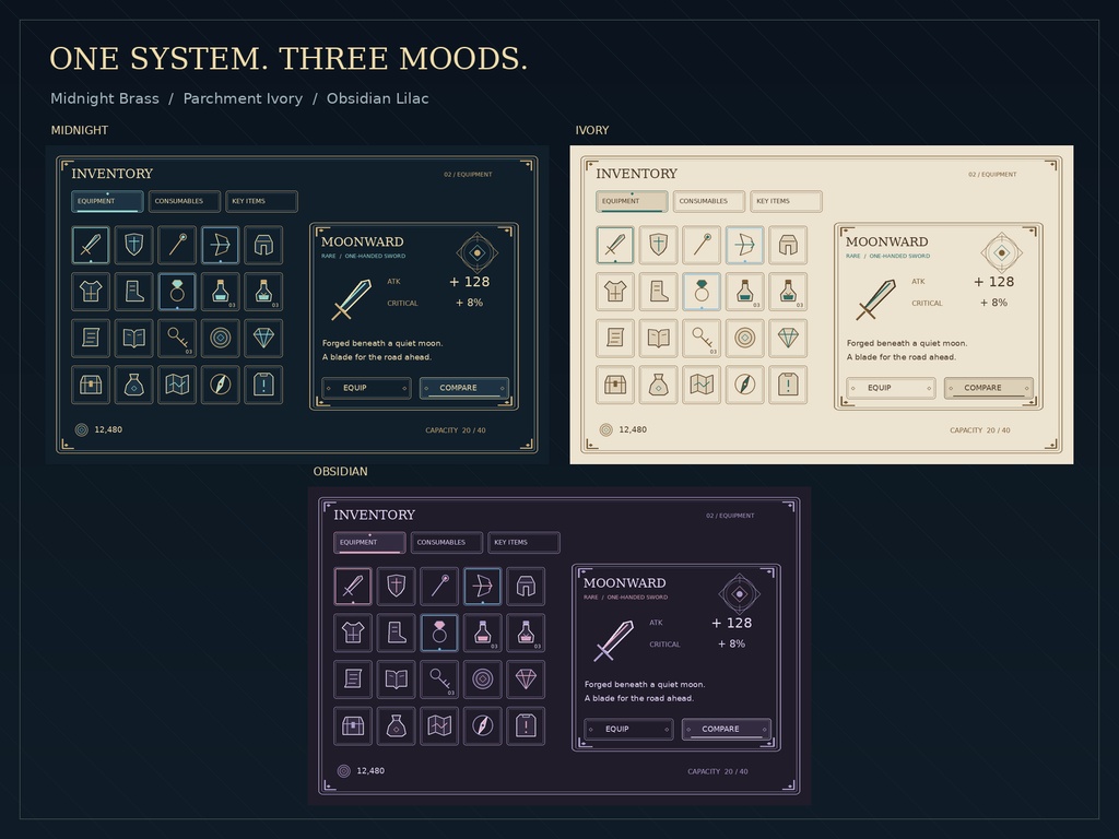 LUNAR / BRASS|月光と真鍮のRPG UI素材集|3配色・透過PNG・編集用SVG