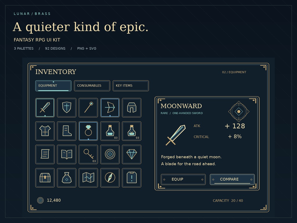 LUNAR / BRASS｜月光と真鍮のRPG UI素材集｜3配色・透過PNG・編集用SVG