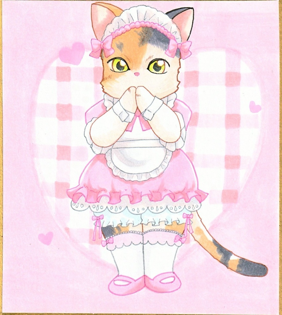 ピンク猫メイド 三毛猫 小色紙