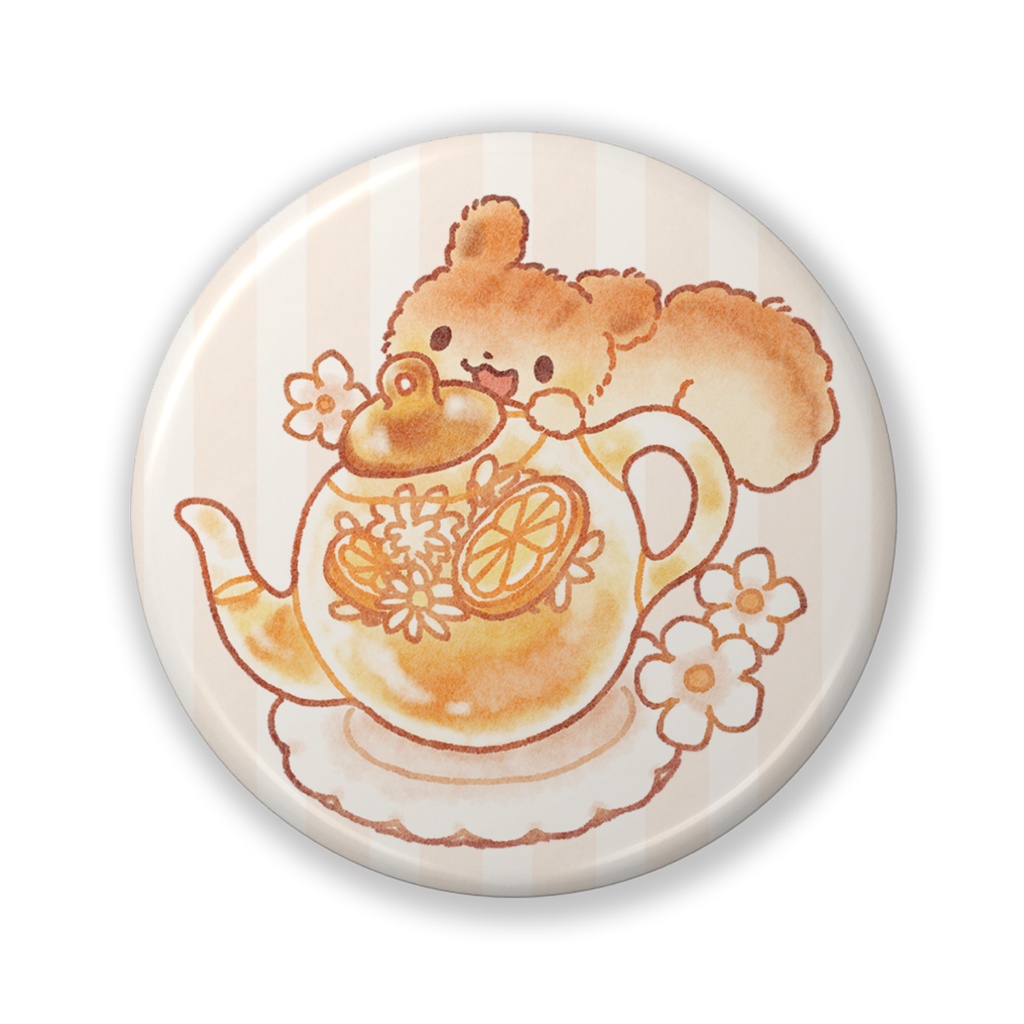 リスとティーポット缶バッジ　Miu×Mofucoffeeコラボグッズ