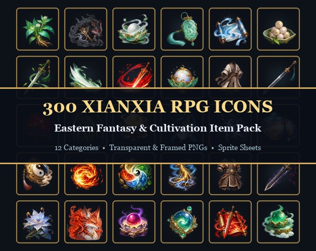 【ゲーム素材・300種】中華ファンタジー・仙侠・武侠 RPGアイコン素材集 / 300 Xianxia & Eastern Fantasy RPG Icons