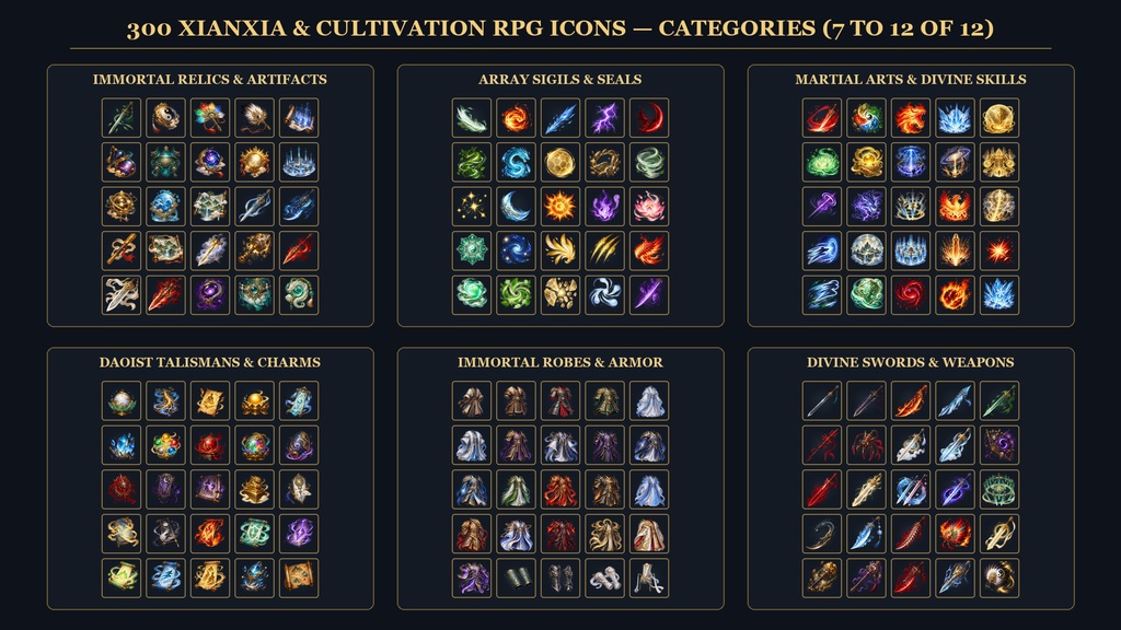【ゲーム素材・300種】中華ファンタジー・仙侠・武侠 RPGアイコン素材集 / 300 Xianxia & Eastern Fantasy RPG Icons