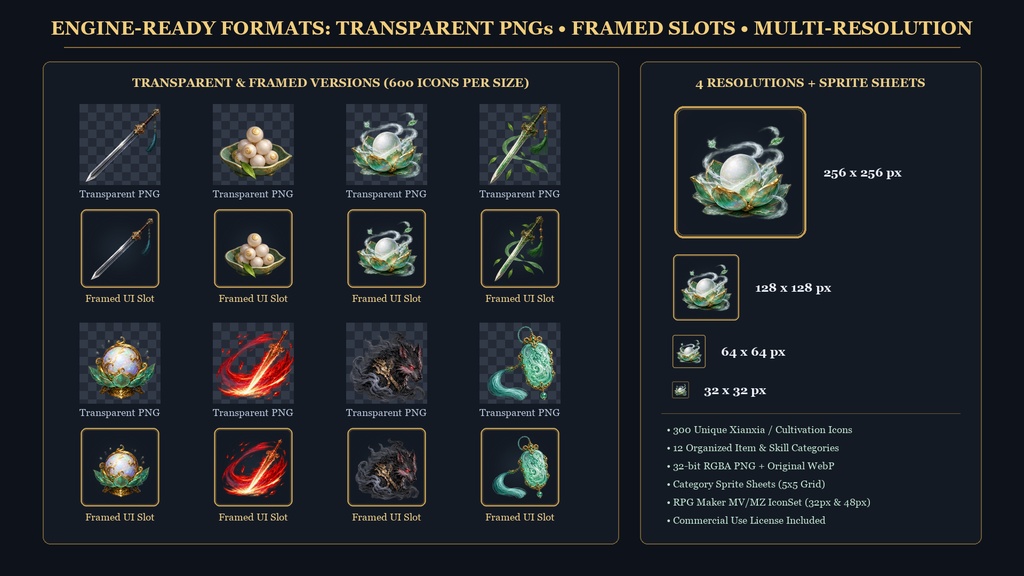 【ゲーム素材・300種】中華ファンタジー・仙侠・武侠 RPGアイコン素材集 / 300 Xianxia & Eastern Fantasy RPG Icons