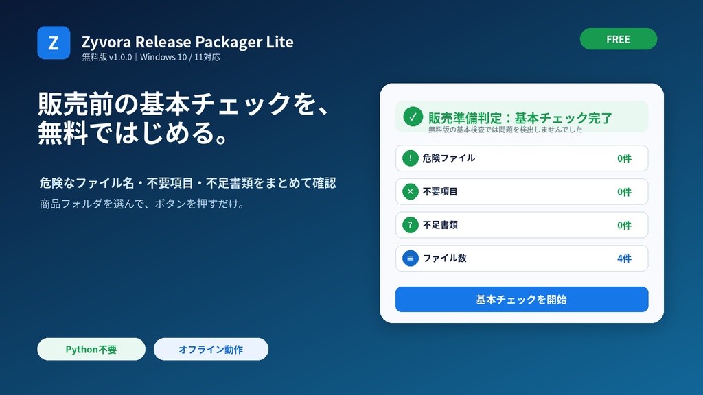 Zyvora Release Packager Lite｜販売前の基本チェックを無料で