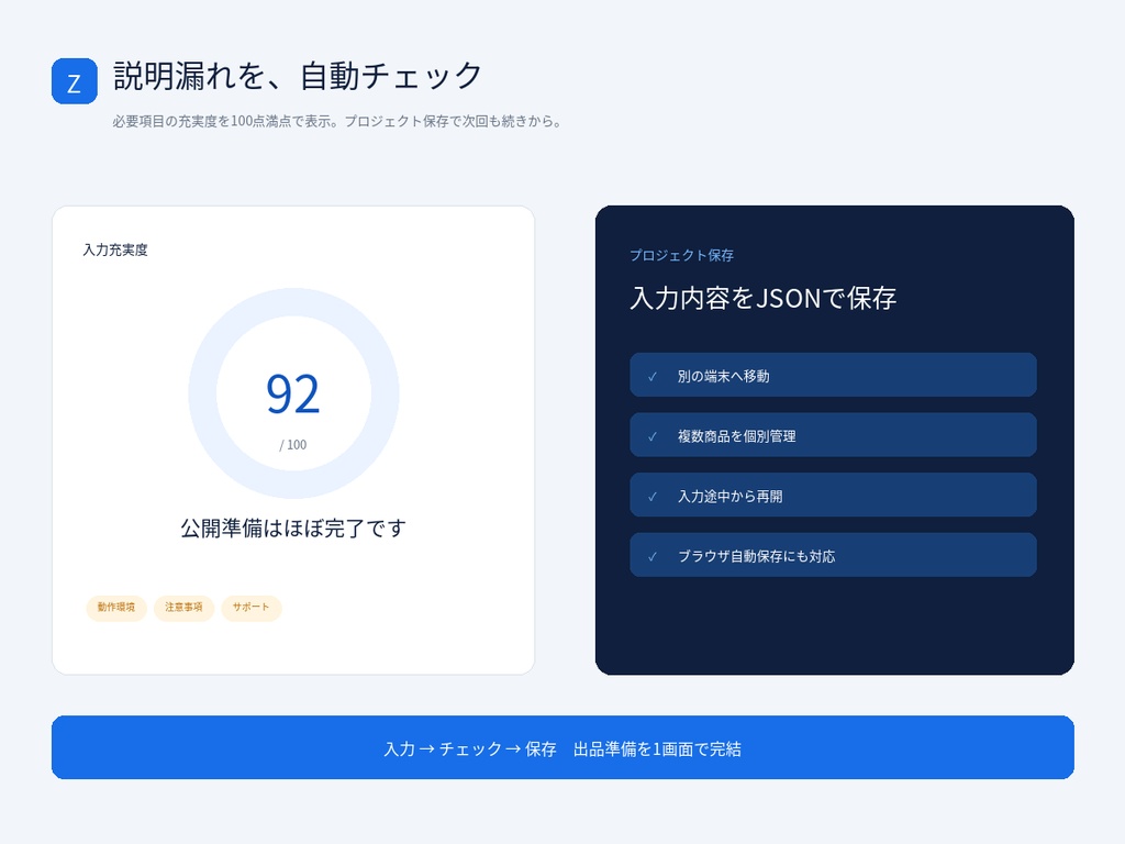 BOOTH商品説明・README・利用規約・告知文を一括作成|Zyvora Listing Builder Pro