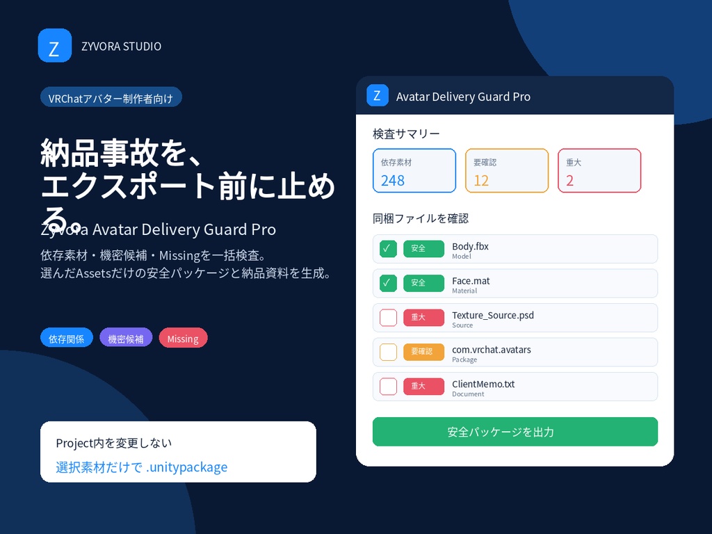 VRChatアバター納品・配布前チェッカー｜Zyvora Avatar Delivery Guard Pro