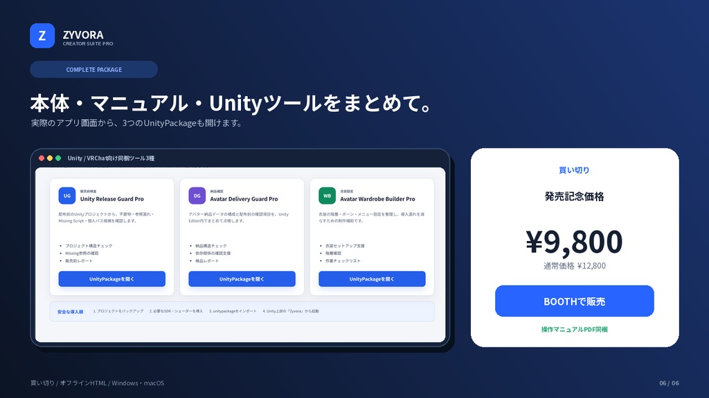 販売ZIP検査・BOOTH出品・更新差分・自動投稿・Unity統合ツール|Zyvora Creator Suite Pro