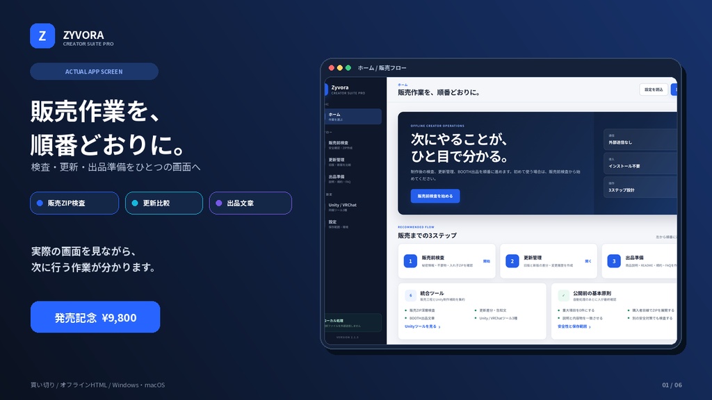 販売ZIP検査・BOOTH出品・更新差分・自動投稿・Unity統合ツール|Zyvora Creator Suite Pro