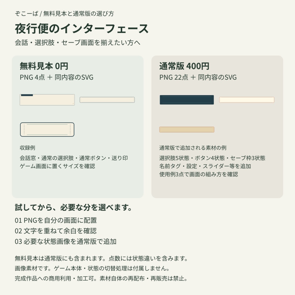 【無料見本あり】夜行便のインターフェース|ゲームUI画像素材 PNG22点+SVG