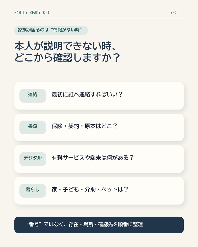 家族のもしも整理キット|入院・事故・災害・長期不在に備えるPDF8冊+オフライン整理ツール