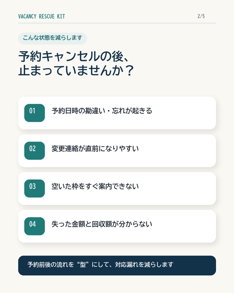 予約キャンセル後の空き枠を回収|対応文31種+損失管理ツール