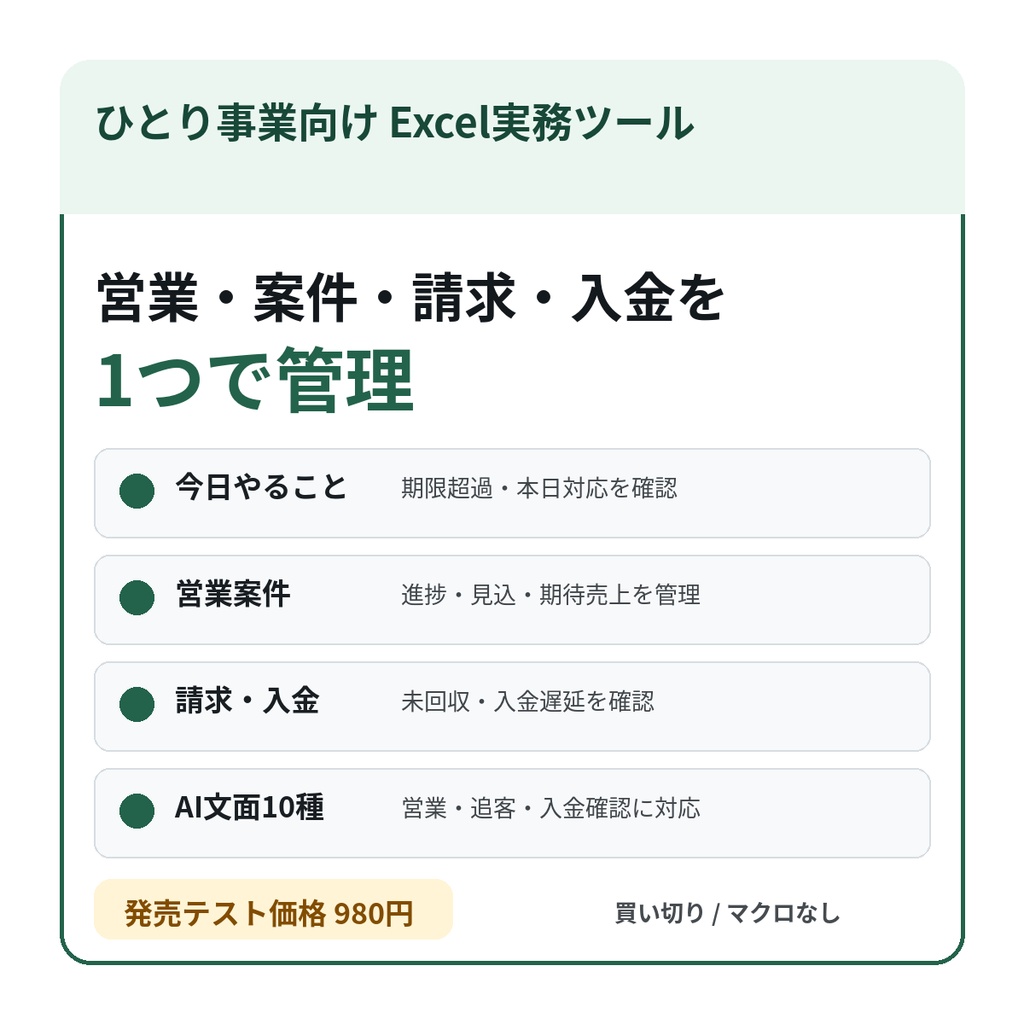 個人事業主向け|営業・案件・請求・入金を1つで管理|AI文面10種つきExcel