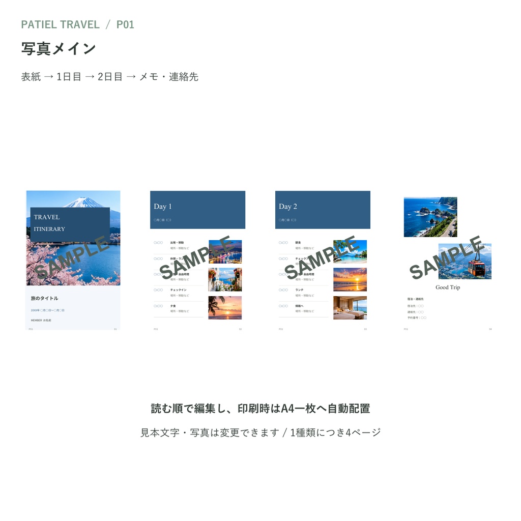 旅のしおりテンプレート5種|TRAVEL Vol.1【Canva編集・A4一枚・A6四つ折り・マニュアル付き】